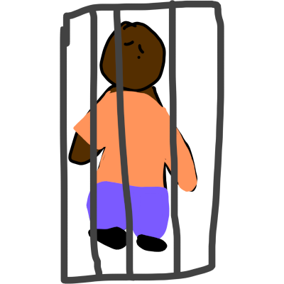 symbol of a brown skinned person with an orange shirt, black shoes, and blue pants. They look sad. They’re behind a grey grid to symbolize bars.